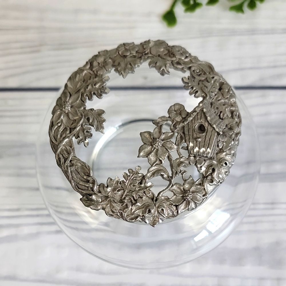 Trinket Jewelry Dish Diamond Cut Pewter And Glass Floral Birdhouse Design